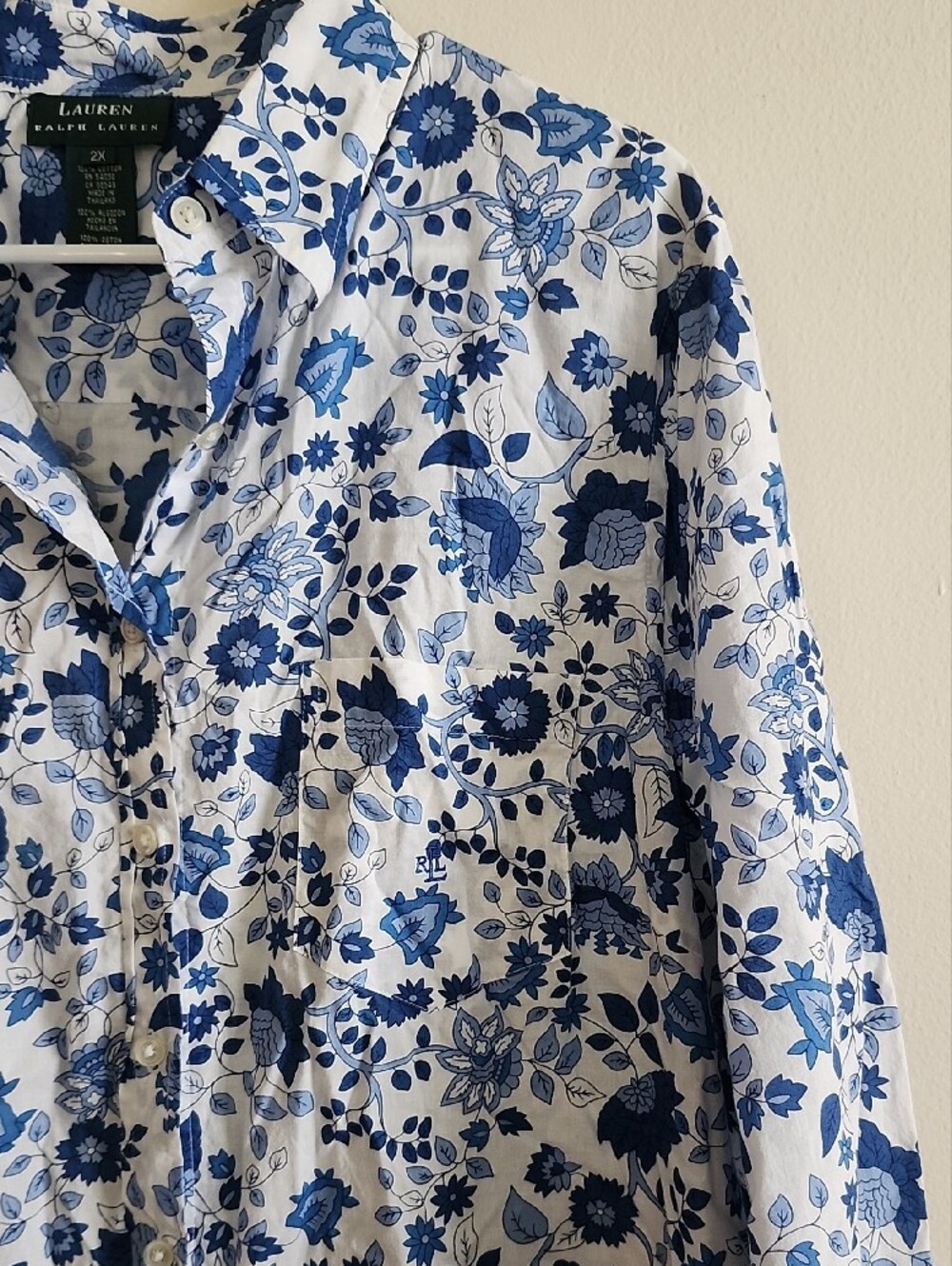 Lauren Ralph Lauren White Button Down Shirt with Blue Floral Print 2x - Picture 3 of 5